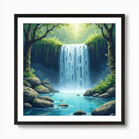 Ethereal Watercolor Waterfall In A Hidden Glade 1 Art Print