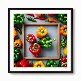 Colorful Peppers In A Wooden Frame 3 Art Print