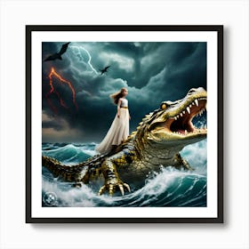 Girl Riding An Alligator Art Print