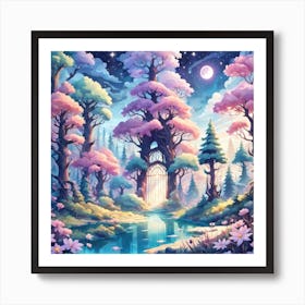 A Fantasy Forest With Twinkling Stars In Pastel Tone Square Composition 28 Art Print