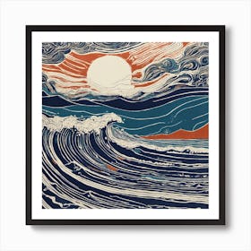 Ocean Waves Linocut Illustration Art Print