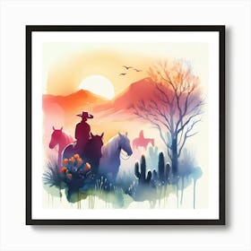 Watercolor Cowboys In The Desert 3 Art Print