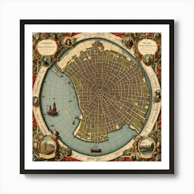 A Vintage Map, Of A Historic City With Ornate Borders And Labels art print 10 Art Print