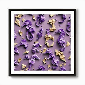Origami Seahorses On Purple Background Art Print
