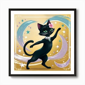 A Whimsical Illustration Of A Sleek Black Cat 2 Art Print