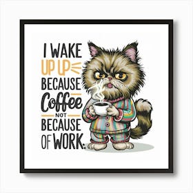 I Wake Up Because Of Coffee Not Because Of Work By Persian Furry Cat . Art Print