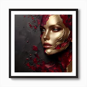 Portrait Of An Abstract Woman's Face - An Embossed Artwork In Blood Red And Gold On Charcoal Background. Art Print