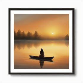 Woman In Canoe At Sunset Art Print