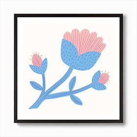 Pink Folk Flowers Square Art Print