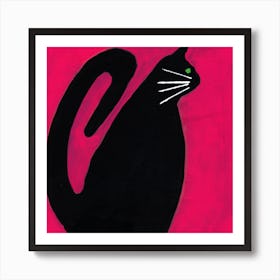 Black Cat On Pink red animal pet abstract modern square painting living room Art Print