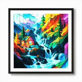 Abstract art stained glass art of a mountain village in watercolor 11 Art Print