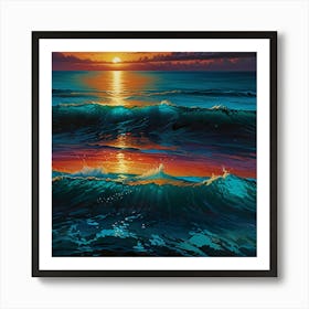 Oceans turquoise depths in hyperrealistic style, capturing the play of light and shadow, reflecting the vibrant hues of a tropical sunset. Art Print