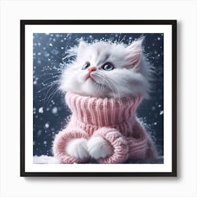 Frosted Whiskers: A Cute Kitten in Pink Amidst the Snowfall Art Print
