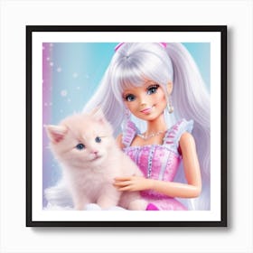 Cute Woman And White Cat Art Print