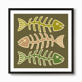 FISH BONES Pop Art Seafood in Vintage Retro Olive Beige Green on Moss Green Kitchen Food Art Print