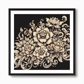 Floral Pattern On Black Background Art Print