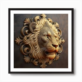 Lion in 3D view with decorative patterns crafted on leather surfaces. 1 Art Print