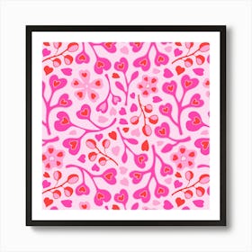 WITH LOVE Floral Hearts Lovecore Valentines in Fuchsia Pink Red on Light Pink Art Print