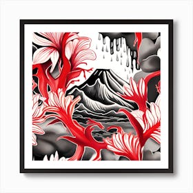 Japanese Flowers Monochromatic Watercolor Art Print