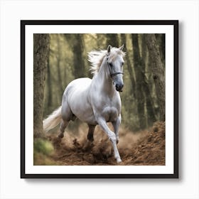 White Horse Galloping In The Forest Art Print