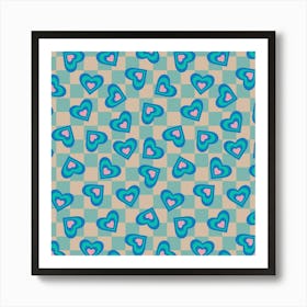 LOVE HEARTS CHECKERBOARD Tossed Retro Alt Valentines in Royal Blue Turquoise Pink on Beige Aqua Geometric Grid Art Print