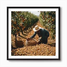 Man Picking Peaches In An Orchard Art Print