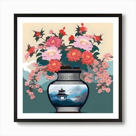 Vase with flowers decorated with Chinese landscape, green, yellow, blue and red Art Print