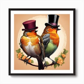 Two Robins In Top Hats Art Print