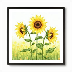 Bright Watercolor Sunflowers Standing Tall In A Field Art Print