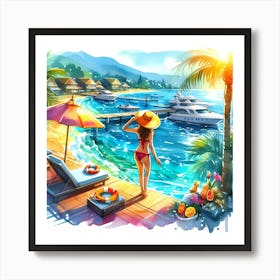 Watercolor Girl On The Beach Art Print