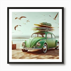 Green Vw Beetle On The Beach Front 7 Art Print