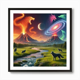 Roaring Wolf Volcano Galaxy Art Print