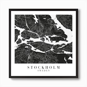 Stockholm Sweden Minimal Black Mono Street Map  Square Art Print