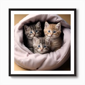 Fluffy Kittens Napping in a Cozy Blanket Nest Art Print