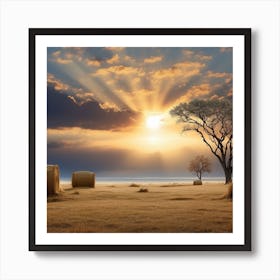 Sunset In The Field With Hay Bales Art Print