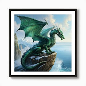 Green Dragon Perched On Jagged Cliffs Overlooking A Serene Icy Ocean Scales Shimmering With Iridesc 1 Art Print