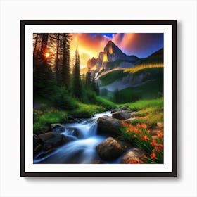 Mountain Stream At Sunset Art Print