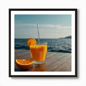 Orange Juice On A Wooden Table Art Print