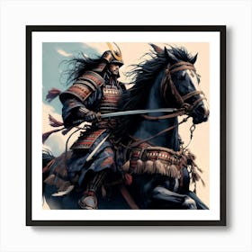 Samurai Witha Sword In Attck With A Black Horse Detail Color Drawing 1 Art Print