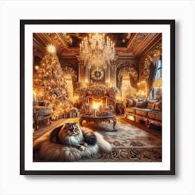 Cozy Christmas Family Scene, Purring Cat, Fireplace, Christmas Tree, Ornate Decoration, Living Room, Christmas Decoration, Gifts Art Print