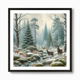 Deer In The Woods, Acrylic Painting Style Art Print