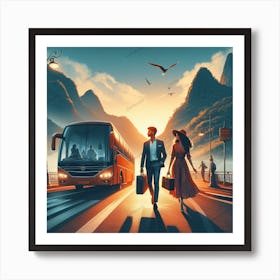 Man And Woman Walking To The Bus Art Print