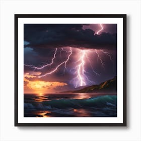 Sunset Lightning Over The Ocean Art Print