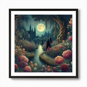 Into The Garden Tending To Enchanted Rose Gardens Under Amsterdam S Moonlight Style Gothic Floral Expressionism (3) Art Print