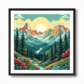 Mountain Landscape Painting, Hike The Globe A Nature Inspired ,Showcasing Mountain Ranges Hiking Trails And National 1 Art Print