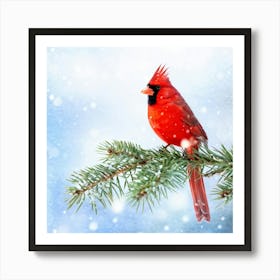 Cardinal Perched On A Frosted Pine Branch Snowflakes Gently Descending Soft Focus Background Of A Affiche