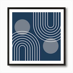 Mid Century Modern Geometric In Navy Blue And Grey (Rainbow And Sun Abstract) 02 Art Print