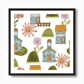 Cottages And Flowers seamless pattern Art Print