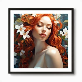Red Haired Girl With Flowers 1 Art Print