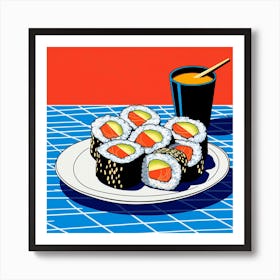 Sushi Blue Checkerboard Pop Art 1 Art Print